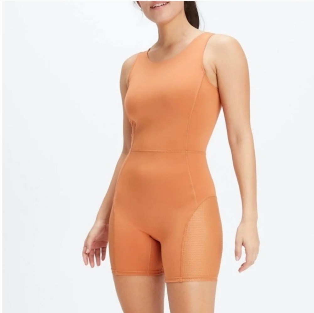 Fabletics Brianna Onsie Romper XS/S Orange Stretch Zip Pocket Mesh Panel Bodysui